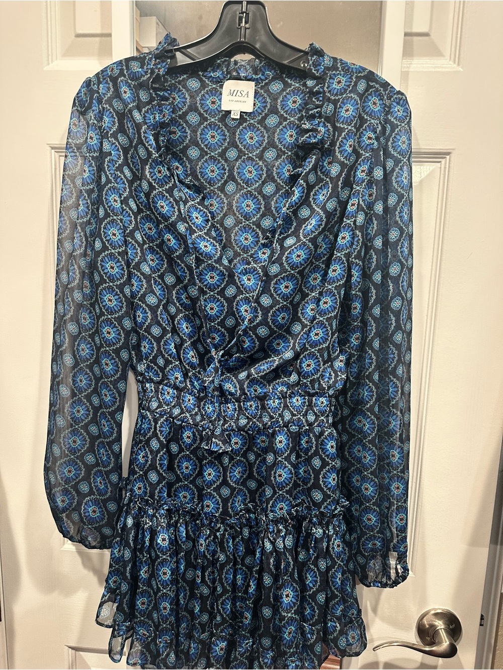 Misa Los Angeles Loraine Navy and Bright Blue Floral Ruffled Dress